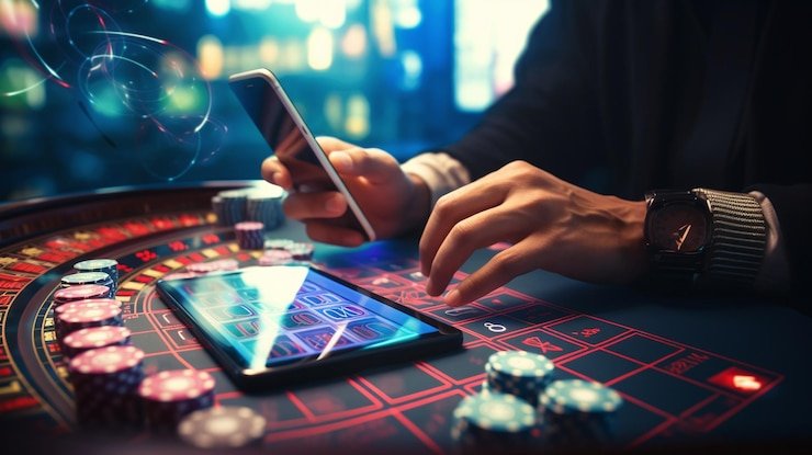 Pengguna membaca syarat bonus di ponsel
